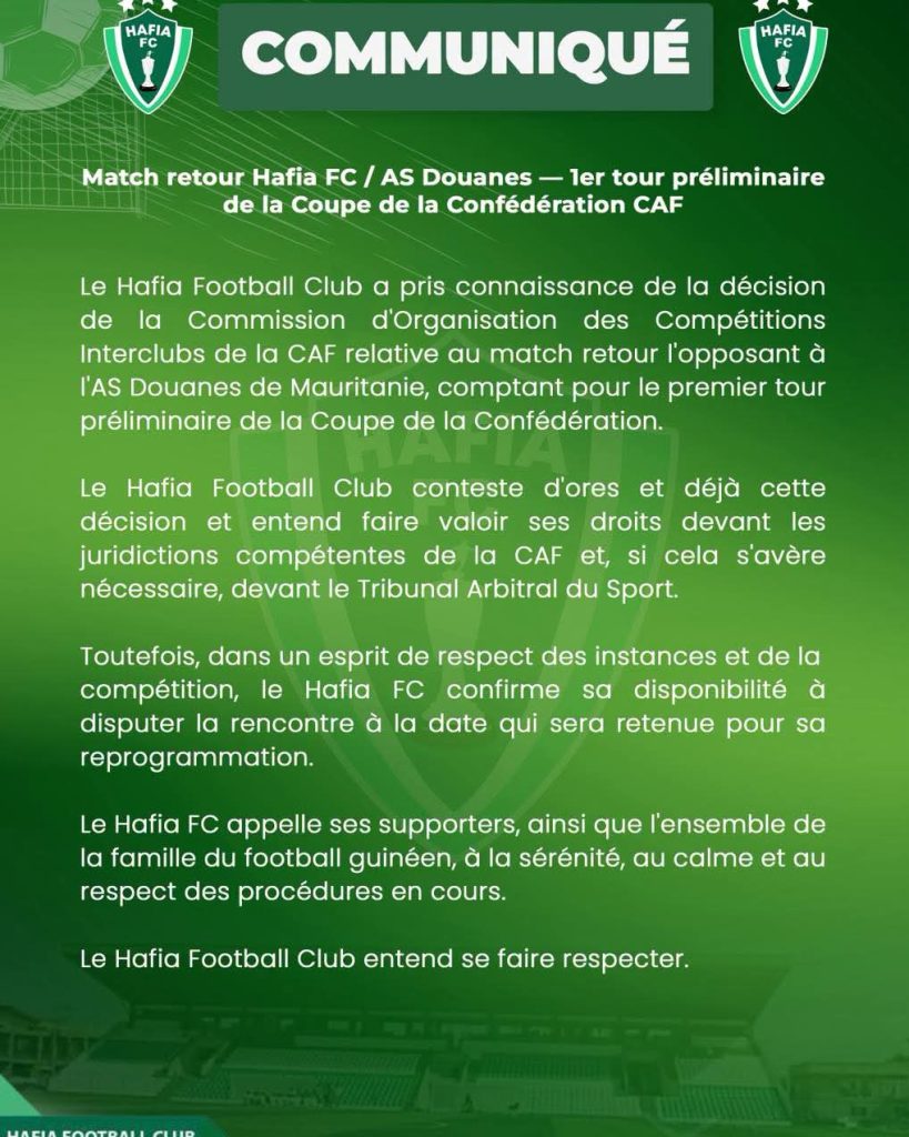 Coupe CAF : Hafia-AS Douanes reprogrammé, le Hafia conteste et menace