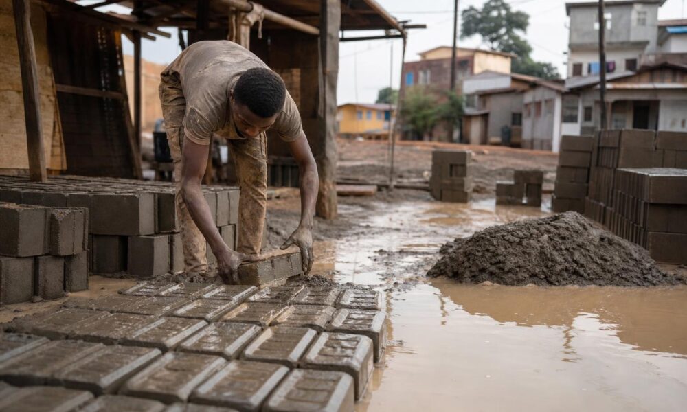 Artisans fabriquant des dallettes en béton à Nongo pendant la saison des pluies