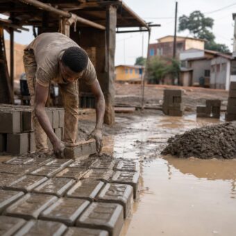 Artisans fabriquant des dallettes en béton à Nongo pendant la saison des pluies